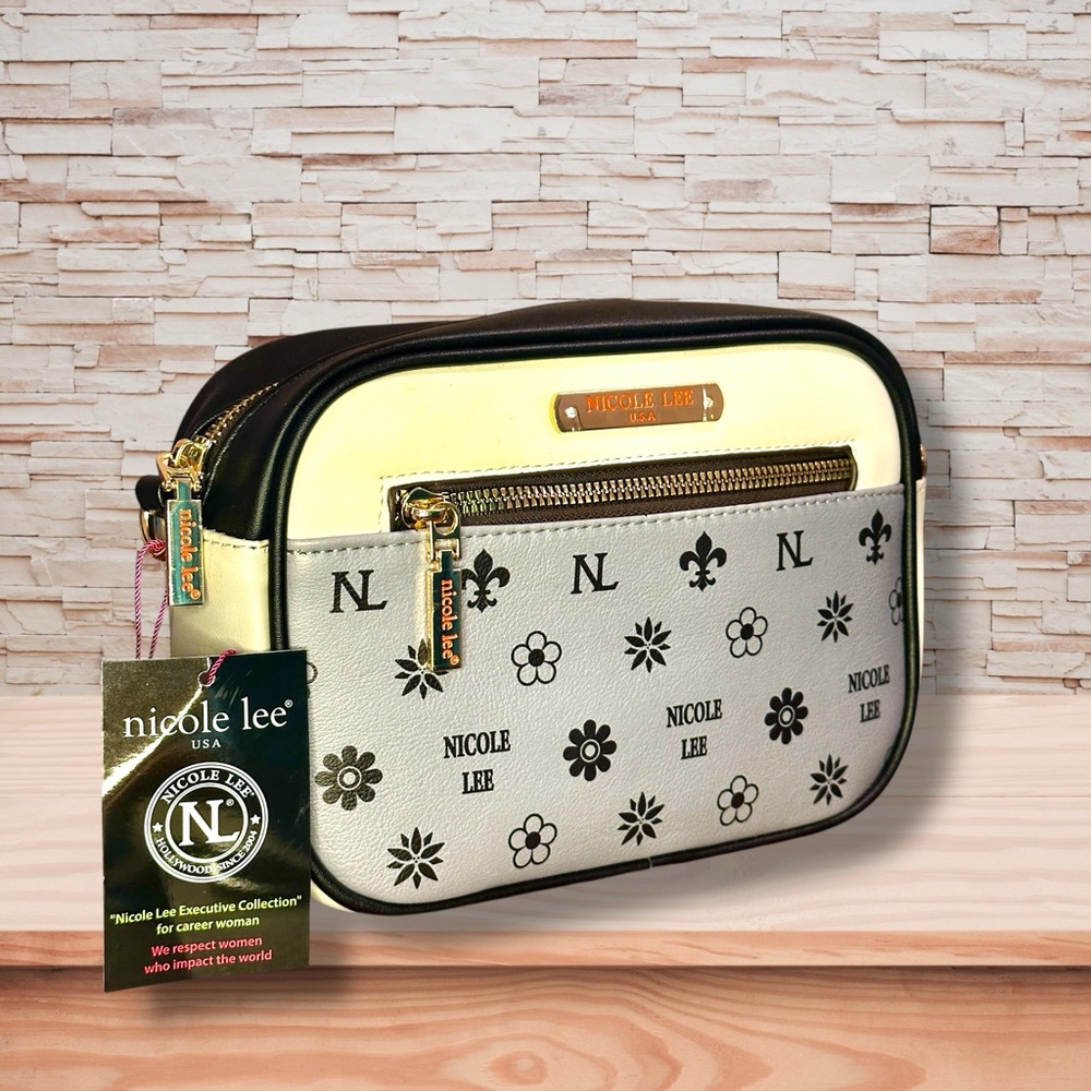 Nicole Lee Black, Cream & White Floral Logo Crossbody Bag